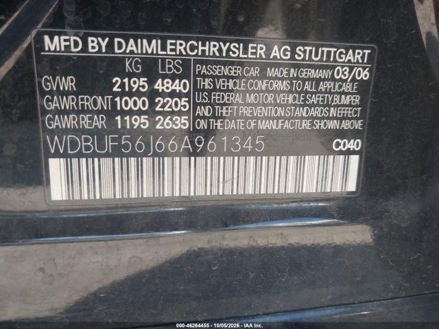 46264455 :رقم المزاد ، WDBUF56J66A961345 vin ، 2006 Mercedes-benz E 350 مزاد بيع