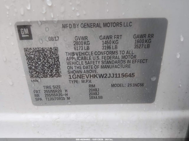 46264463 :رقم المزاد ، 1GNEVHKW2JJ115645 vin ، 2018 Chevrolet Traverse 3lt مزاد بيع