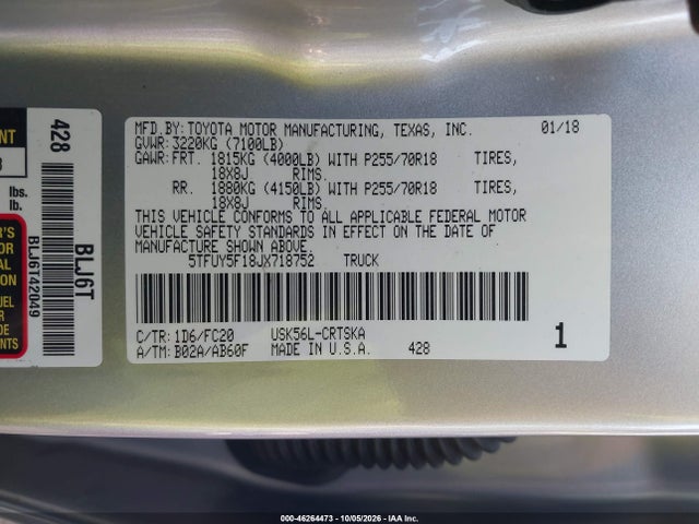 2018 Toyota Tundra Sr5 5.7l V8 მანქანა იყიდება აუქციონზე, vin: 5TFUY5F18JX718752, აუქციონის ნომერი: 46264473