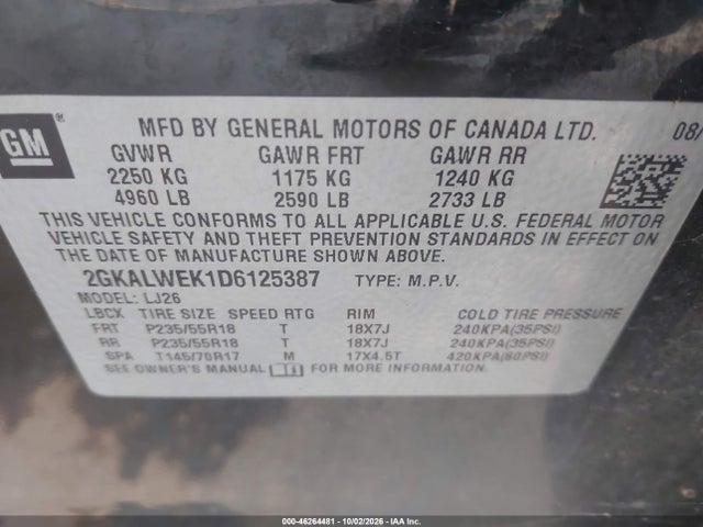 2013 Gmc Terrain Slt-2 მანქანა იყიდება აუქციონზე, vin: 2GKALWEK1D6125387, აუქციონის ნომერი: 46264481