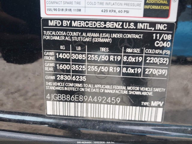 Продажа на аукционе авто 2009 Mercedes-benz Ml 350 4matic, vin: 4JGBB86E89A492459, номер лота: 46264484