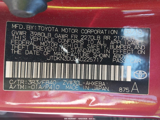 2010 Toyota Prius Ii მანქანა იყიდება აუქციონზე, vin: JTDKN3DU3A0225717, აუქციონის ნომერი: 46264487
