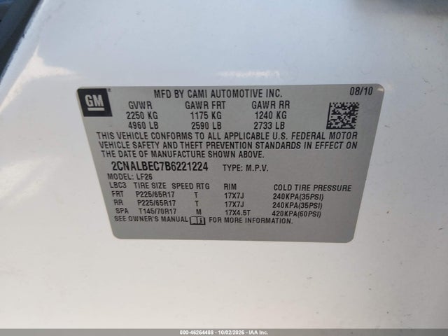 Продажа на аукционе авто 2011 Chevrolet Equinox Ls, vin: 2CNALBEC7B6221224, номер лота: 46264488