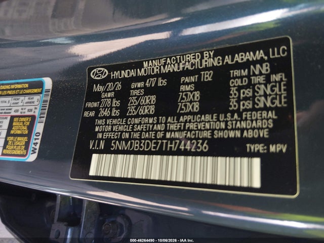 Aukcja sprzedaży 2026 Hyundai Tucson Sel, vin: 5NMJB3DE7TH744236, numer aukcji: 46264490