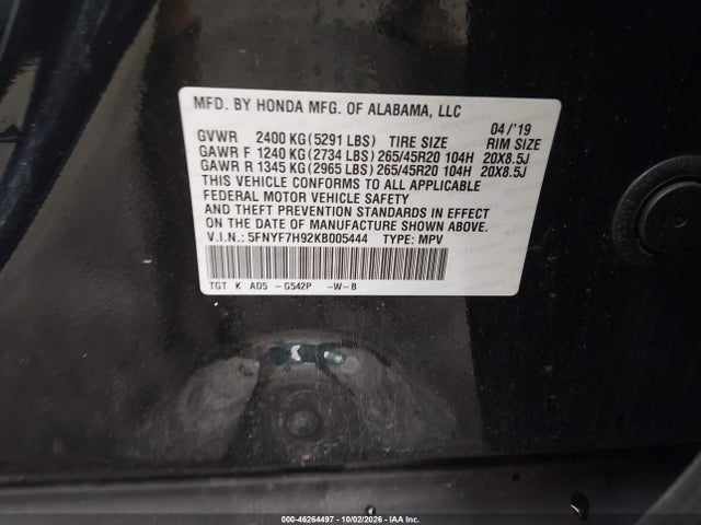 Auction sale of the 2019 Honda Passport Touring, vin: 5FNYF7H92KB005444, lot number: 46264497