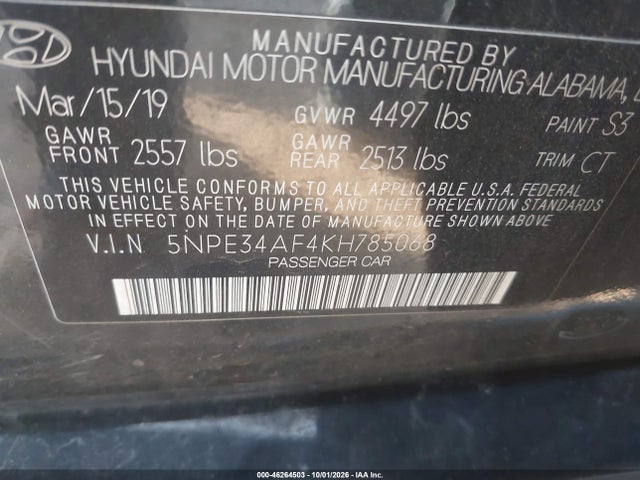 Продажа на аукционе авто 2019 Hyundai Sonata Sel, vin: 5NPE34AF4KH785068, номер лота: 46264503