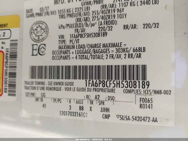 46264510 :رقم المزاد ، 1FA6P8CF5H5308189 vin ، 2017 Ford Mustang Gt Premium مزاد بيع