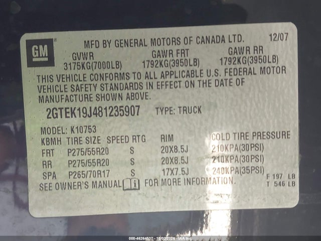Aukcja sprzedaży 2008 Gmc Sierra 1500 Sle1, vin: 2GTEK19J481235907, numer aukcji: 46264537
