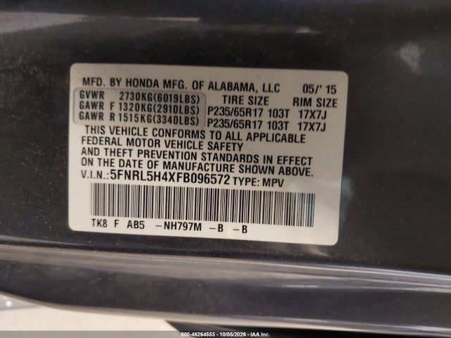 Aukcja sprzedaży 2015 Honda Odyssey Ex, vin: 5FNRL5H4XFB096572, numer aukcji: 46264553