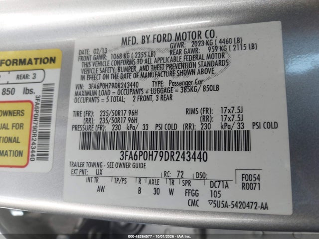 Продаж на аукціоні авто 2013 Ford Fusion Se, vin: 3FA6P0H79DR243440, номер лоту: 46264577