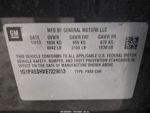 46264583 :رقم المزاد ، 1G1PA5SHXE7229613 vin ، 2014 Chevrolet Cruze Ls Auto مزاد بيع