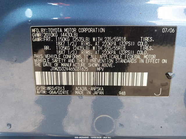 Aukcja sprzedaży 2006 Toyota Rav4 Sport, vin: JTMZD32V465031625, numer aukcji: 46264585