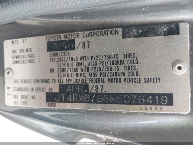 46264608 :رقم المزاد ، JT4RN67S6H5076419 vin ، 1987 Toyota Pickup Xtracab Rn67 Sr5 مزاد بيع