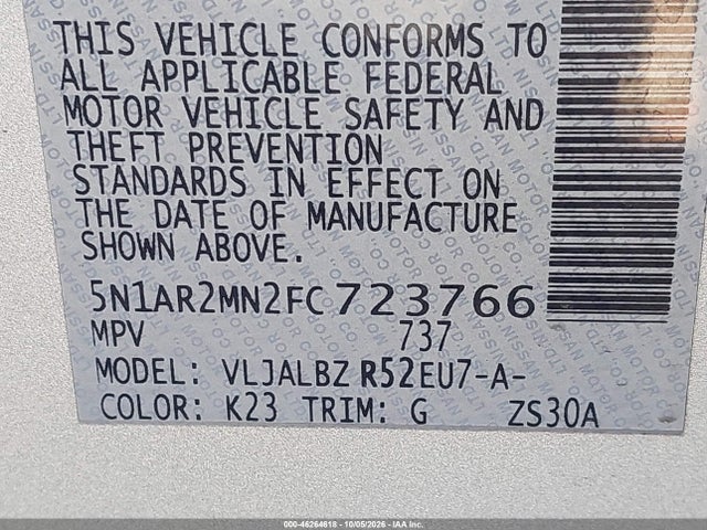 Продажа на аукционе авто 2015 Nissan Pathfinder S, vin: 5N1AR2MN2FC723766, номер лота: 46264618