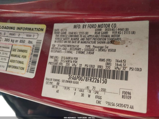 2015 Ford Fusion S მანქანა იყიდება აუქციონზე, vin: 3FA6P0G78FR226150, აუქციონის ნომერი: 46264622