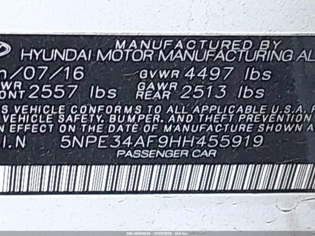 Aukcja sprzedaży 2017 Hyundai Sonata Sport, vin: 5NPE34AF9HH455919, numer aukcji: 46264639