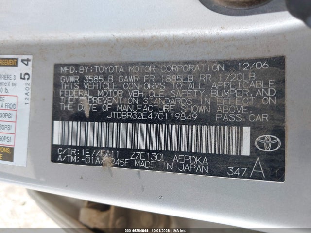 46264644 :رقم المزاد ، JTDBR32E470119849 vin ، 2007 Toyota Corolla Ce مزاد بيع
