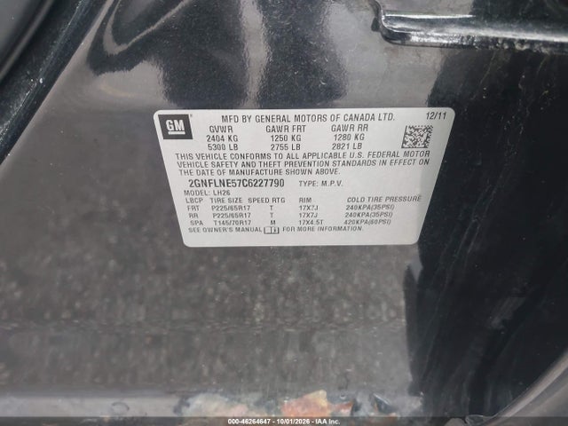 46264647 :رقم المزاد ، 2GNFLNE57C6227790 vin ، 2012 Chevrolet Equinox 2lt مزاد بيع