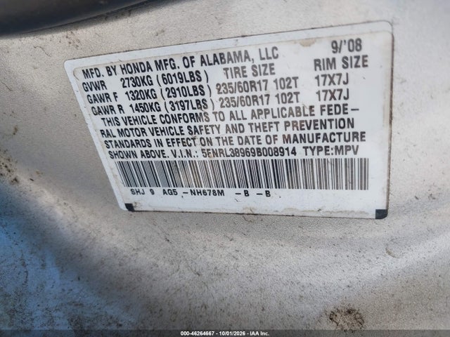 Продажа на аукционе авто 2009 Honda Odyssey Touring, vin: 5FNRL38969B008914, номер лота: 46264667