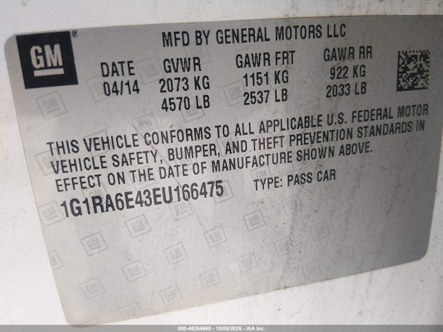 Продаж на аукціоні авто 2014 Chevrolet Volt, vin: 1G1RA6E43EU166475, номер лоту: 46264668