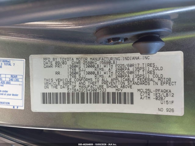 Aukcja sprzedaży 2004 Toyota Sienna Xle Limited, vin: 5TDBA22C84S007533, numer aukcji: 46264689