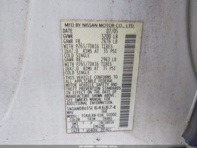 Продаж на аукціоні авто 2005 Nissan Xterra S, vin: 5N1AN08U35C646874, номер лоту: 46264693
