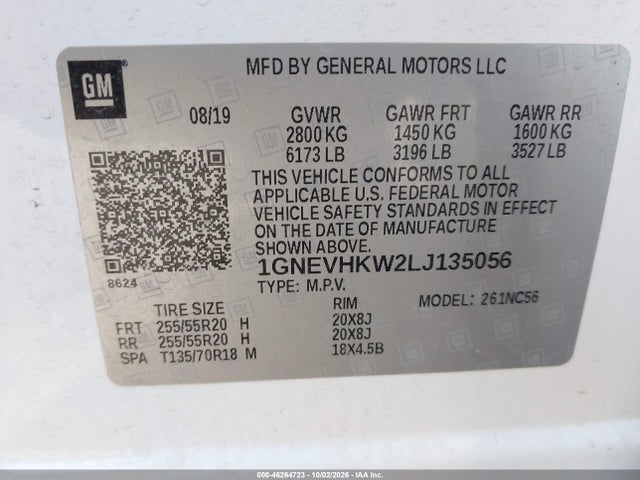 1GNEVHKW2LJ135056 Chevrolet Traverse Awd Lt Leather
