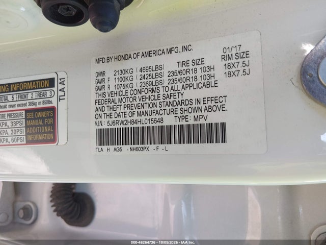 Aukcja sprzedaży 2017 Honda Cr-v Ex-l/ex-l Navi, vin: 5J6RW2H84HL015648, numer aukcji: 46264726