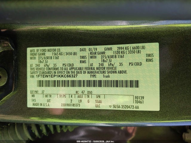 Продажа на аукционе авто 2019 Ford F-150 Xlt, vin: 1FTEW1EP1KKC66327, номер лота: 46264732