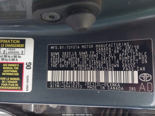 Aukcja sprzedaży 2016 Toyota Corolla Le, vin: 2T1BURHE2GC732986, numer aukcji: 46264738