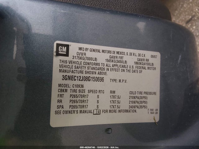2008 Chevrolet Avalanche 1500 Lt მანქანა იყიდება აუქციონზე, vin: 3GNEC12J08G150696, აუქციონის ნომერი: 46264746