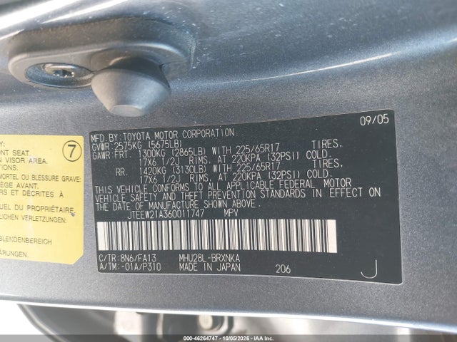 Продаж на аукціоні авто 2006 Toyota Highlander Hybrid V6, vin: JTEEW21A360011747, номер лоту: 46264747
