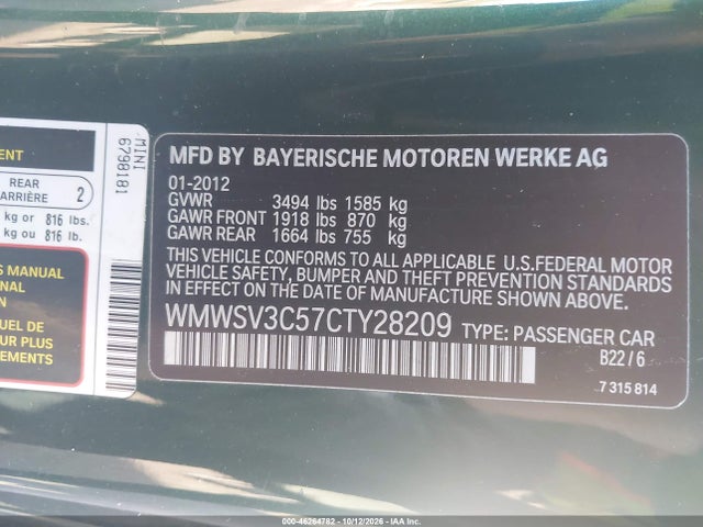 Продаж на аукціоні авто 2012 Mini Cooper S, vin: WMWSV3C57CTY28209, номер лоту: 46264782
