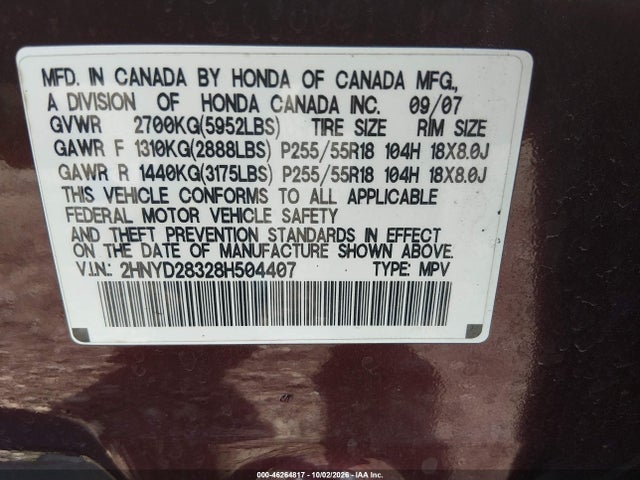 Продажа на аукционе авто 2008 Acura Mdx Technology Package, vin: 2HNYD28328H504407, номер лота: 46264817