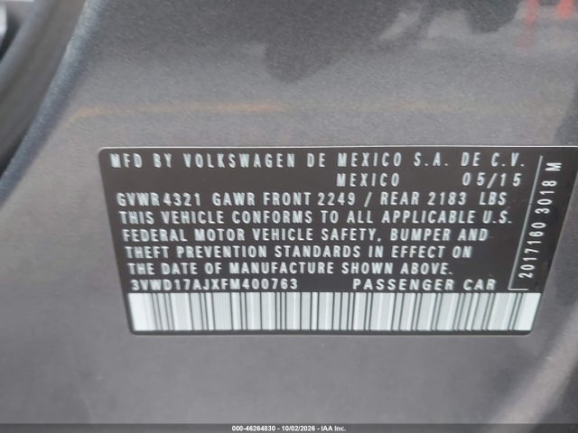 46264830 :رقم المزاد ، 3VWD17AJXFM400763 vin ، 2015 Volkswagen Jetta 1.8t Se مزاد بيع