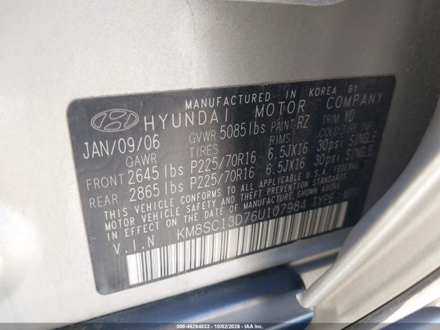Aukcja sprzedaży 2006 Hyundai Santa Fe Gls, vin: KM8SC13D76U107984, numer aukcji: 46264833