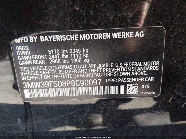Продаж на аукціоні авто 2023 Bmw 330e Xdrive, vin: 3MW39FS08P8C90097, номер лоту: 46264835