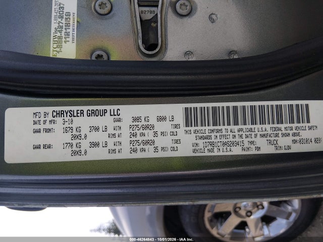 46264843 :رقم المزاد ، 1D7RB1CT0AS203415 vin ، 2010 Dodge Ram 1500 مزاد بيع