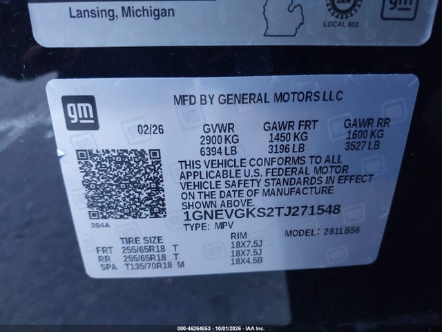 Продаж на аукціоні авто 2026 Chevrolet Traverse Awd Lt, vin: 1GNEVGKS2TJ271548, номер лоту: 46264853