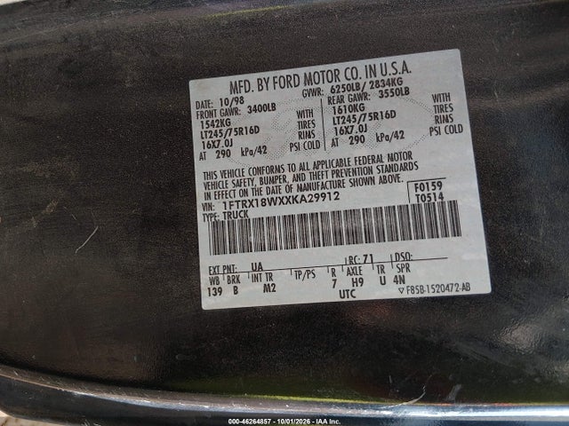 Продаж на аукціоні авто 1999 Ford F-150 Work Series Lariat/work Series/xl/xlt, vin: 1FTRX18WXXKA29912, номер лоту: 46264857