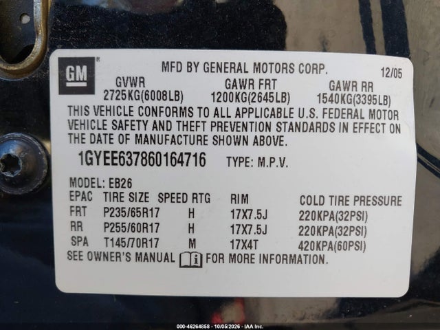 Продаж на аукціоні авто 2006 Cadillac Srx V6, vin: 1GYEE637860164716, номер лоту: 46264858