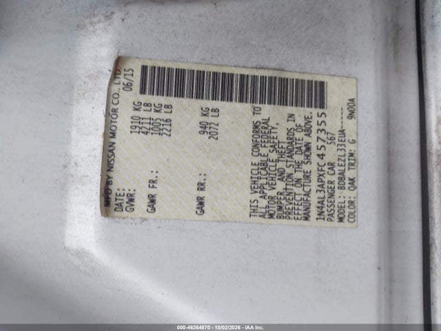 46264870 :رقم المزاد ، 1N4AL3APXFC457355 vin ، 2015 Nissan Altima 2.5/2.5 S/2.5 Sl/2.5 Sv مزاد بيع