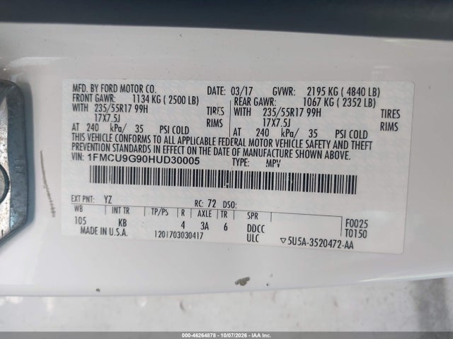 Aukcja sprzedaży 2017 Ford Escape Se, vin: 1FMCU9G90HUD30005, numer aukcji: 46264878