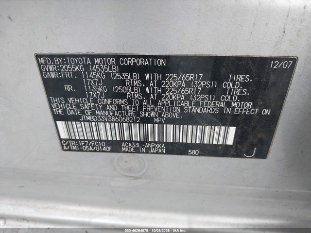Продажа на аукционе авто 2008 Toyota Rav4, vin: JTMBD33V386068212, номер лота: 46264879