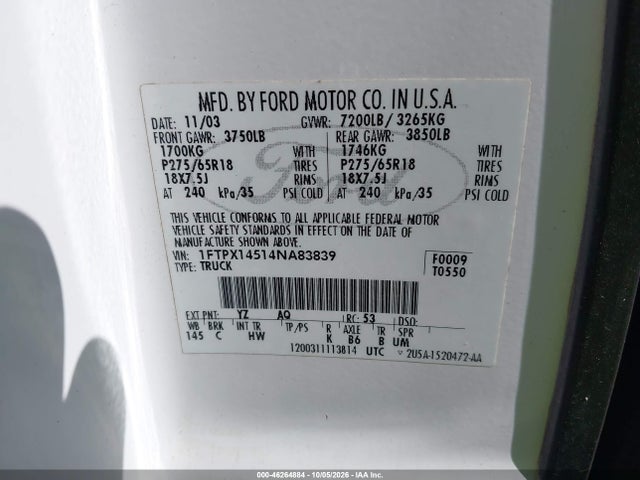 Продаж на аукціоні авто 2004 Ford F150, vin: 1FTPX14514NA83839, номер лоту: 46264884