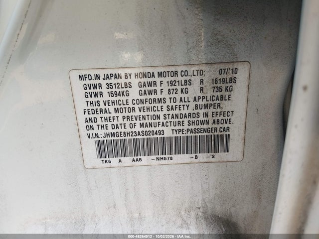 Aukcja sprzedaży 2010 Honda Fit, vin: JHMGE8H23AS020493, numer aukcji: 46264912