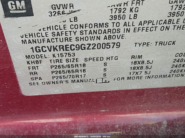 Aukcja sprzedaży 2016 Chevrolet Silverado 1500 2lt, vin: 1GCVKREC9GZ200579, numer aukcji: 46264913