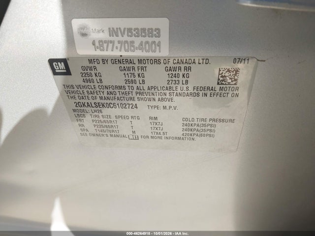 Продаж на аукціоні авто 2012 Gmc Terrain Sle-2, vin: 2GKALSEK0C6102724, номер лоту: 46264918