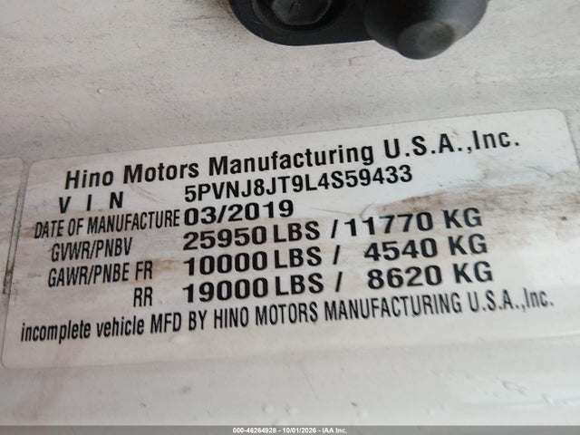 Продажа на аукционе авто 2020 Hino 258/268, vin: 5PVNJ8JT9L4S59433, номер лота: 46264928
