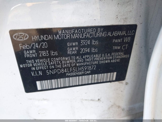 Aukcja sprzedaży 2020 Hyundai Elantra Sel, vin: 5NPD84LF5LH591872, numer aukcji: 46264947